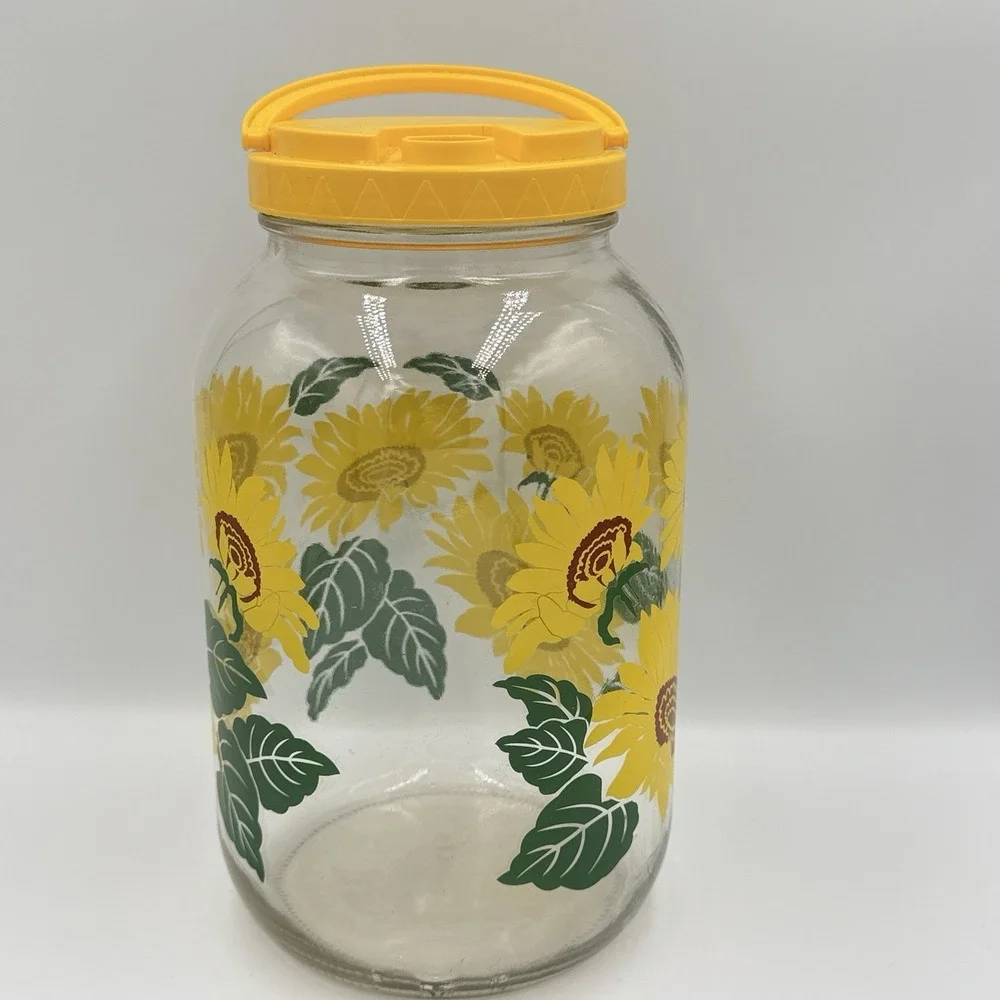Vintage Sunflower Glass Canister Yellow Pour Spout Lid Floral Kitchen Storage